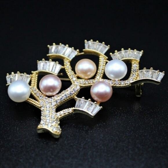 Luxurious Freshwater Pearl Tree Brooch Multi-Bead Cubic Zirconia Gold Plated NWT - Picture 3 of 9